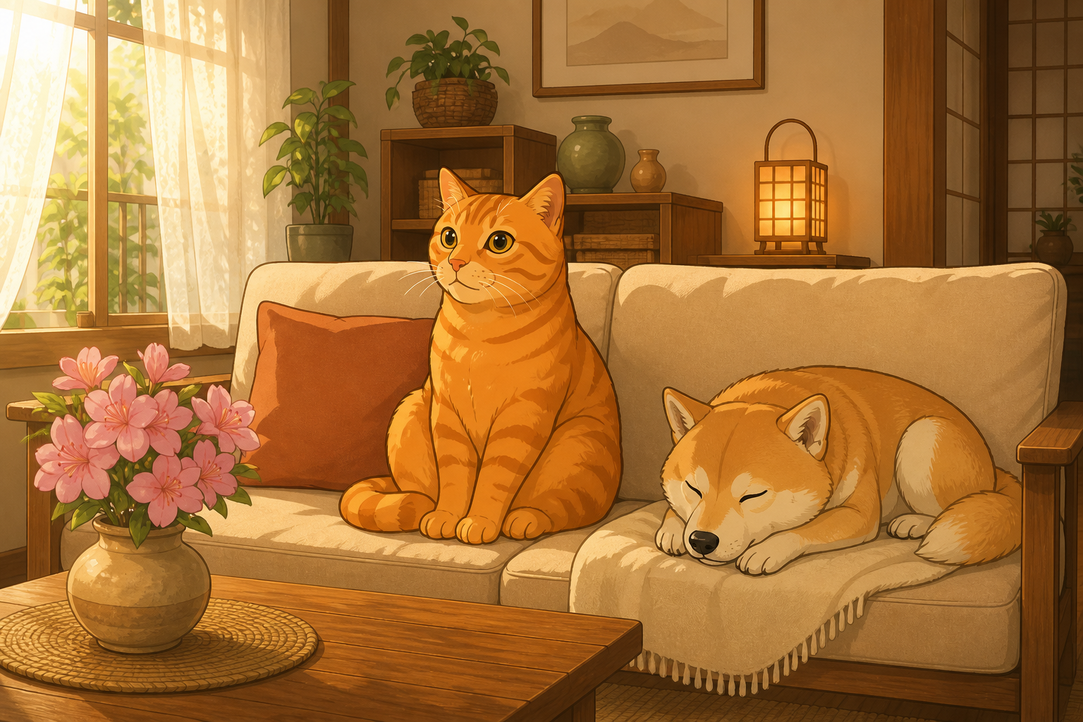 Tsutsuji and Kabosu on the sofa