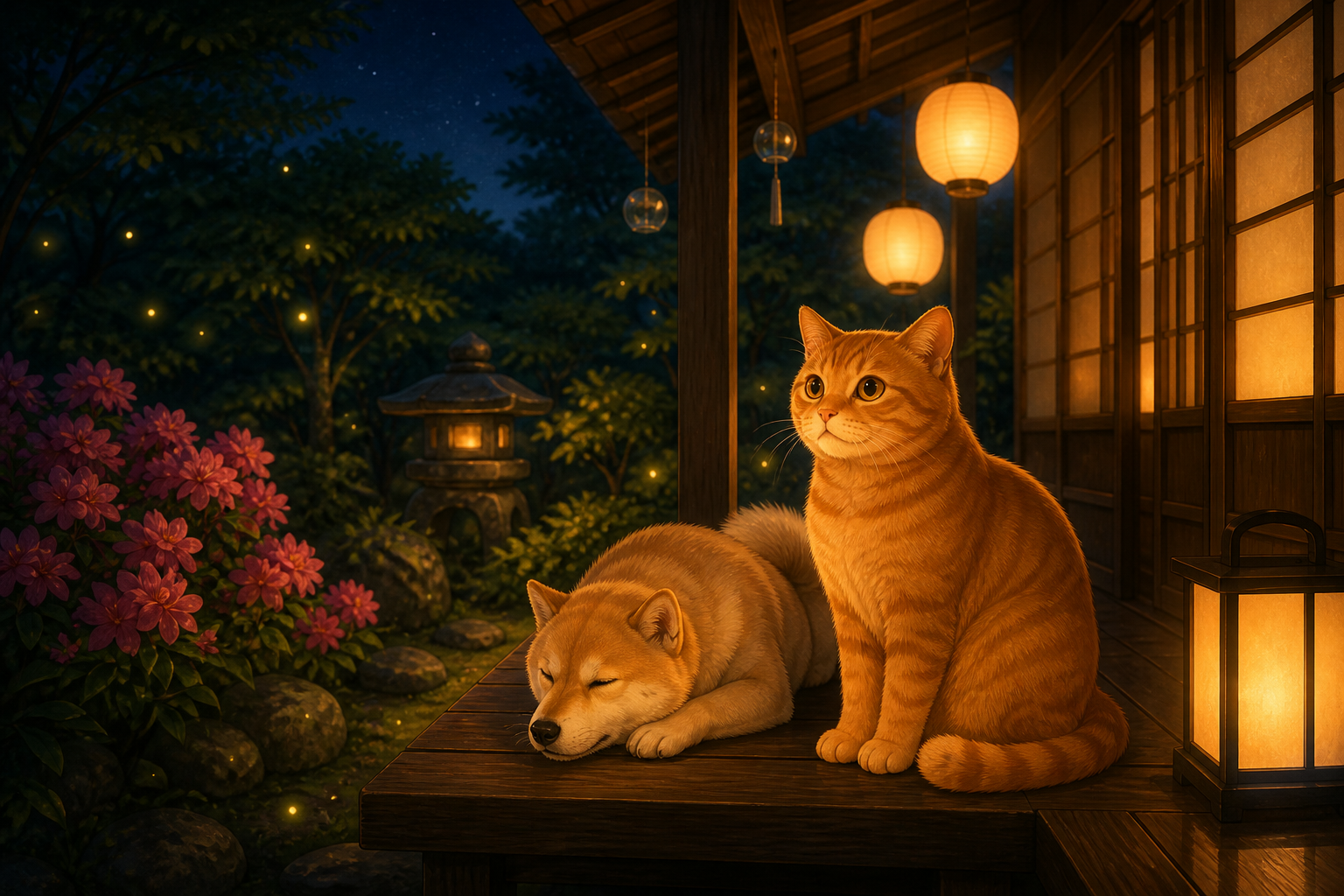 Tsutsuji on the engawa with lanterns