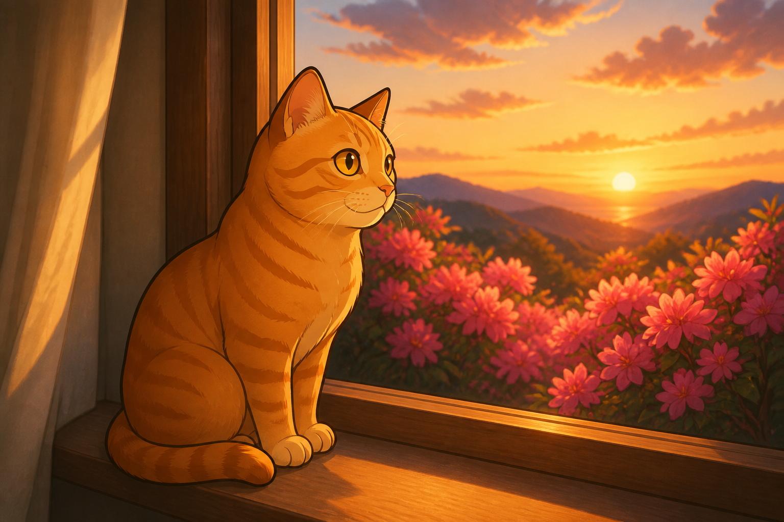 Tsutsuji on the windowsill at sunset